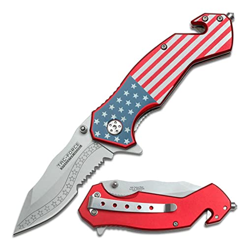Folding Pocket Knife with Serrated Blade and American Flag Handle - Tactical Rescue Tool