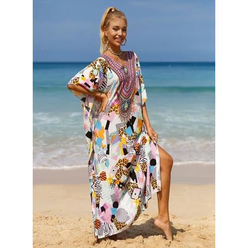 Women's V-Neck Batwing Sleeve Kaftan Dress Lightweight Beach Swimwear Cover Up for Mumu Tropical Vacation