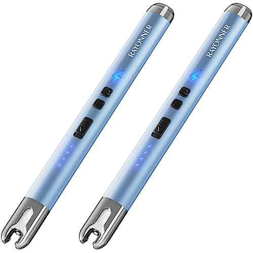 RAYONNER Electric Candle Lighter with Safety Switch - USB Rechargeable Windproof & Flameless Plasma Arc Lighter for Easter Basket Stuffers (2 Pack - Blue)