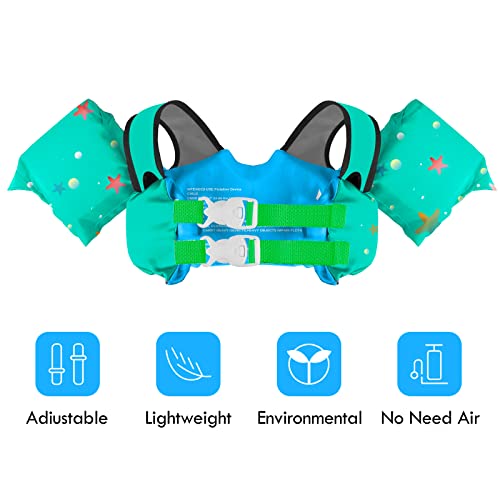 Kids Swim Vest Life Jacket for 30-55 lbs - Bright Green Toddler Floaties with Shoulder Harness & Arm Wings - for 2-7 Years Old