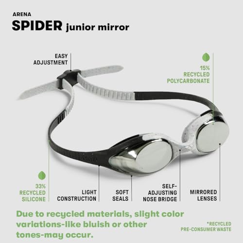 Youth Unisex Spider Swim Goggles - Fogless, Recycled Silicone, Easy Adjust Strap - Blue/Gray/Blue, Anti-Fog Mirror Variation