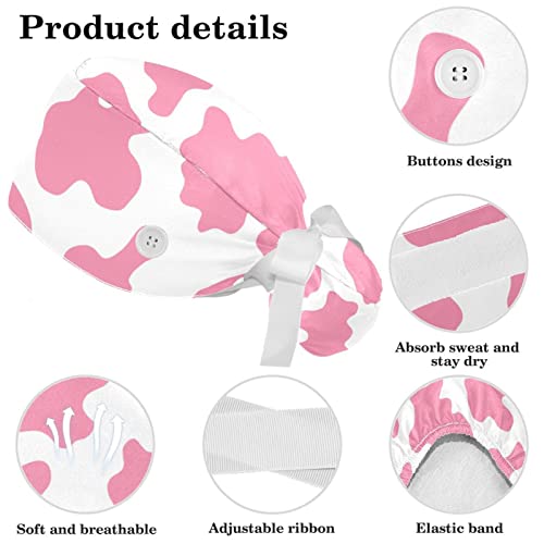 Work Caps Bouffant Surgical Cap with Hair Tie Cow Skin Print Pink Ponytail Holder Tie Back Scrub Hat
