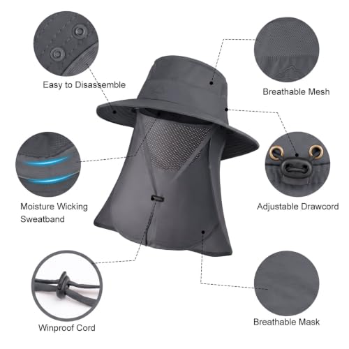 Dark Grey Waterproof Sun Hat with UPF 50+ Face Cover & Neck Flap - Men Women Bucket Hat
