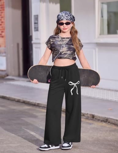 Girls Wide Leg Sweatpants with Pockets - Black, 12-13 Years - Baggy Athletic Pants