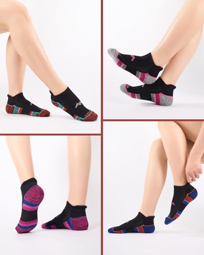 Women's Athletic Ankle Socks 6 Pairs - Cushioned & Multi-Color on Black, Size 5-9