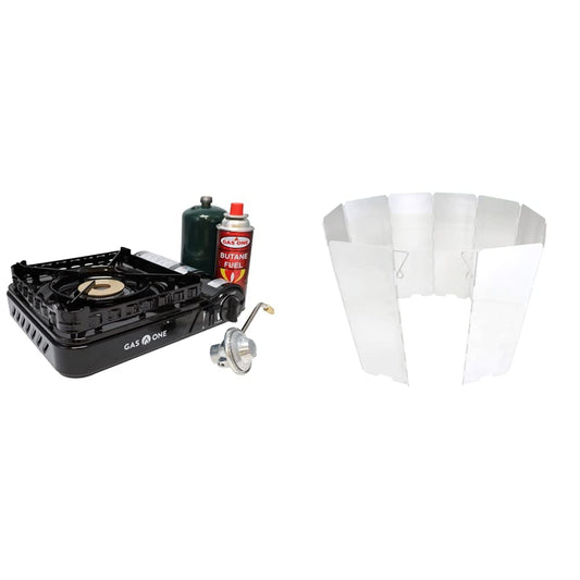 Gas One Dual Fuel Portable Stove 15,000BTU With Brass Burner Head, Dual Spiral Flame Gas Stove - Patent Pending | Gas One Aluminum 10 Plates Windscreen