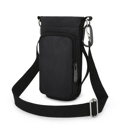 Water Bottle Carrier Bag, Small Canvas Crossbody Purse Portable Water Bottle Sling Holder Case with Adjustable Shoulder Strap and Phone Pocket Pouch for Men Women Hiking, Black