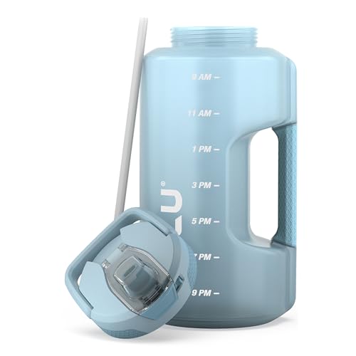 Zulu Goals Gallon 128oz Large Water Bottle Jug with Time Marker & Handle for All Day Hydration | Silicone Soft Straw with Locking Leak-Proof Lid | For Gym, Camping, Workout, and Outdoors | Dusty Blue
