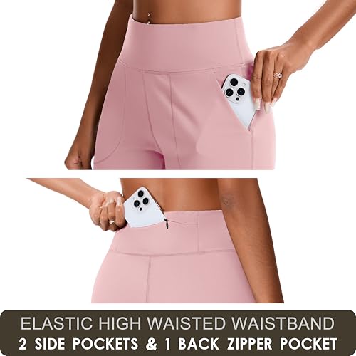 Women’s Bermuda Shorts with Zipper Pocket, High Waist, Long Fit - Pink, Medium