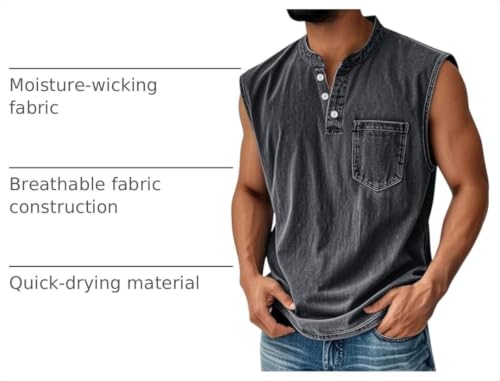Gray Mens Tank Top Summer Casual Workout Henley Sleeveless T-Shirt XL