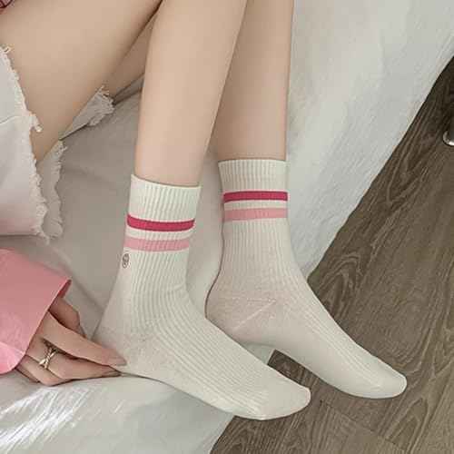 Womens Solid Color Two Stripe Crew Socks Casual Athletic Smiling Face Ankle Socks for women Girls