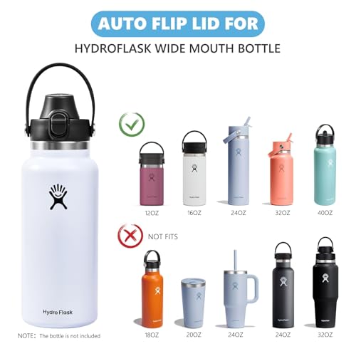 Auto Flip Lid for Hydro Flask Wide Mouth - Black with Button Lock - Fits Iron Flask & Simple Modern - Replacement Spout