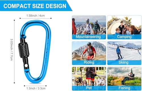 10 Pack Aluminum D Ring Key Rings Locking Carabiners for Hiking Camping Fishing - Black, Gold & Green