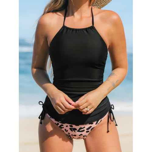 CUPSHE Women's Tankini Sets Two Piece Swimsuit High Neck Halter Mid Rise Adjustable Drawstrings