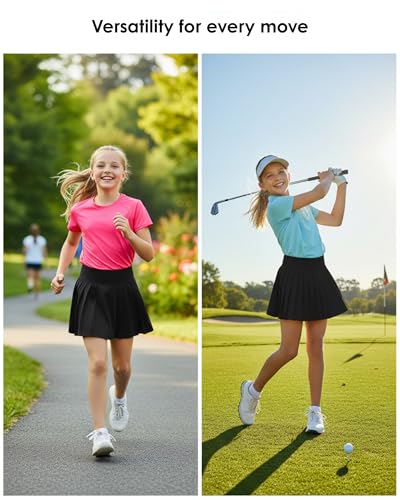 Girls Tennis Skirts with Pockets & Liner High Waisted Athletic Skort Black 7-8Y