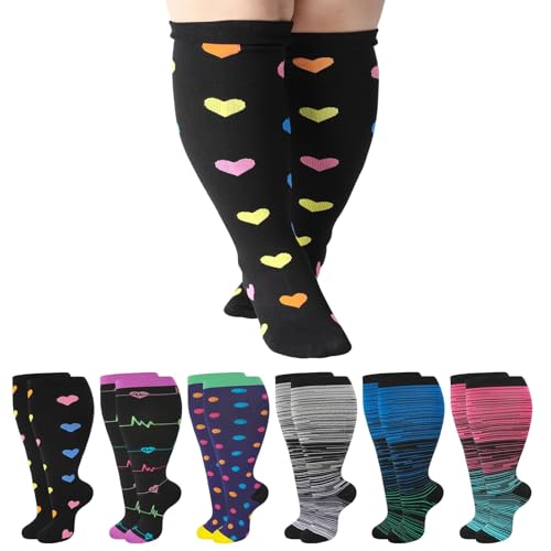 Plus Size Compression Socks for Women 6 Pairs Wide Calf Multicolor XX-Large