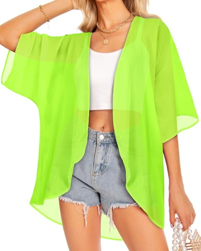 Women Kimono Cardigans Summer Cover Up Floral Print Tops Large Neon Green