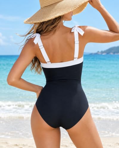 Daci One Piece Swimsuit for Women Tummy Control Bathing Suit with Tie Shoulder - Large Black & White
