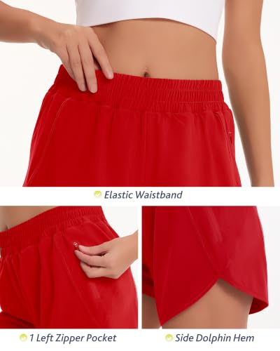 Women’s Running Shorts with High Waist 3 Inch Quick Dry Liner Zipper Pockets - Medium Red