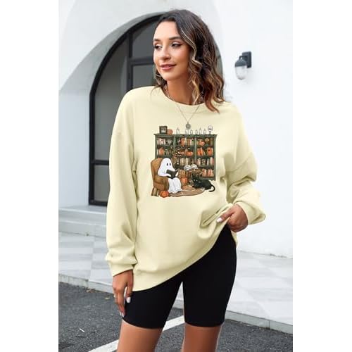 KIDDAD Halloween Sweatshirt for Women Ghosts Reading Books Graphic Long Sleeve Sweater Cute Spooky Bookish Shirts