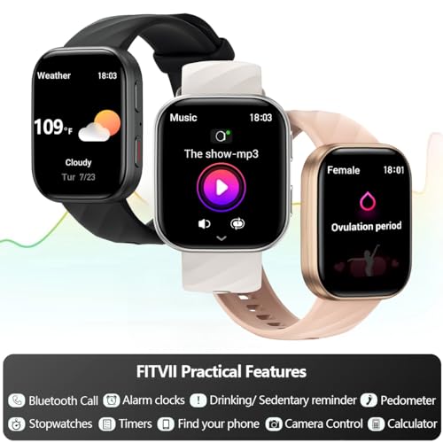 FITVII Health & Fitness Tracker (Answer/Make Calls), Smart Watch with 24/7 Heart Rate and Blood Pressure, Sleep Tracking, Blood Oxygen Monitor, 120+ Sport Modes Activity Tracker for Women Men