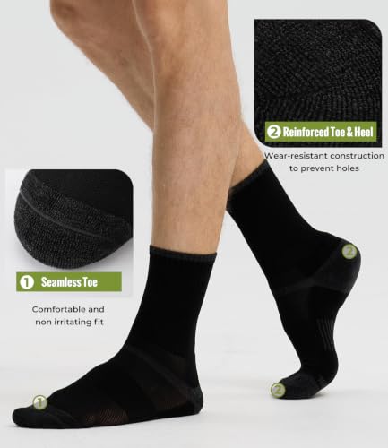 Men's Crew Socks Moisture-Wicking Athletic Cushioned Running Socks Black Large 6 Pack