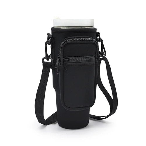 Resin & Reed Water Bottle Carrier Bag with Phone Wallet, Compatible with 40oz Stanley and Other Tumblers (Black)