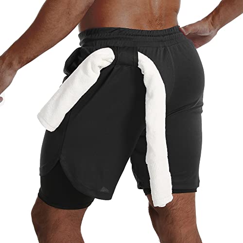 JWJ Men's 2-in-1 Running Shorts - Quick Dry Gym Athletic Workout Clothes with Side Pockets - Large / 3 Pack Black Grey Navy