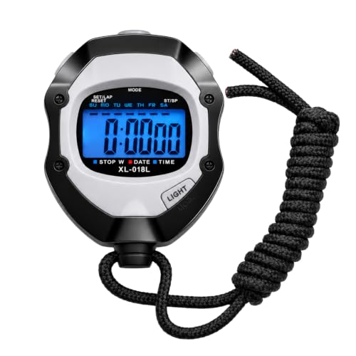 Therivo Black Digital Sports Stopwatch Timer with Large Backlit Display - Lap, Split, 12/24H, Alarm, Calendar for Coaches & Athletes