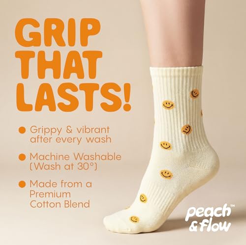 Pilates Socks with Grips for Women Non Slip US 6-10 Smiley Faces - Cute Fitness Socks