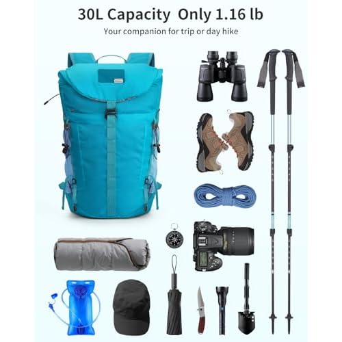 Blue Quartz Hiking Backpack 30L Lightweight Packable Backpack for Travel, Water Resistant Foldable Daypack for WoMen Men, Blue Green