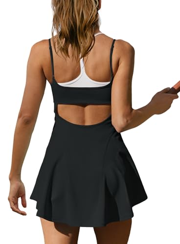 Yanekop Tennis Dress for Women with Shorts and Bra Athletic Romper - Medium Black