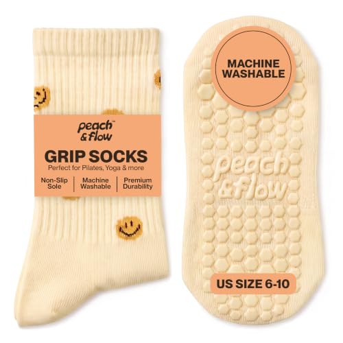 Pilates Socks with Grips for Women Non Slip US 6-10 Smiley Faces - Cute Fitness Socks