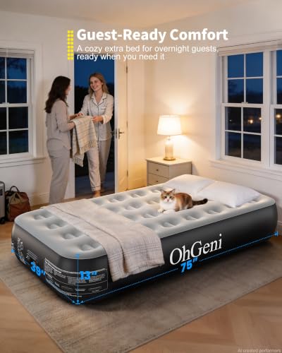 OhGeni 13-Inch Raised Twin Air Mattress with Built-In Pump - Black
