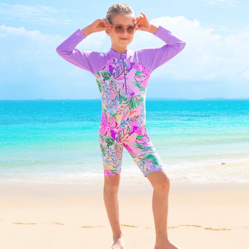 TFJH E 1PCS Long Sleeve Girls Bathing UPF 50+ Rash Guard Suits Swimsuts Zip 3-14Y