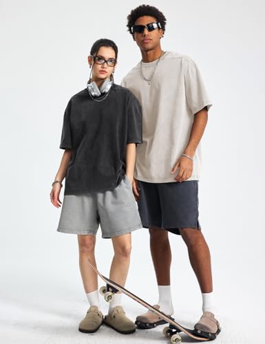 Gihuo Oversized Acid Wash T-Shirt for Men - Large Black Gray Khaki Beige Pack