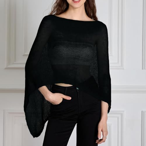 Women Sheer Poncho Top Lightweight Summer Cover Up Mesh Knit Crochet Shawl Trendy Pullover