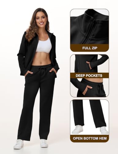 Women's Modal Tracksuit Set Full Zip Jacket & Straight Leg Pants - Small, Black