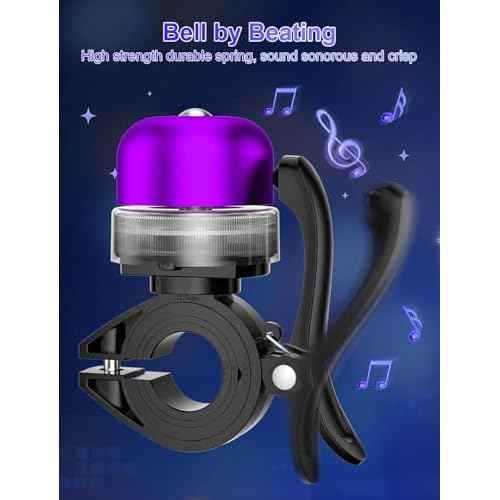 Bike Bell for Kids & Adults, Light up Bike Accessories Adjustable with Ferrules Fit for 0.74-1.25in(19-31.8mm) Bicycle Handlebars, Aluminum Made & Crisp Sound for Mountain Dirt Road Bike Ebike(Purple)