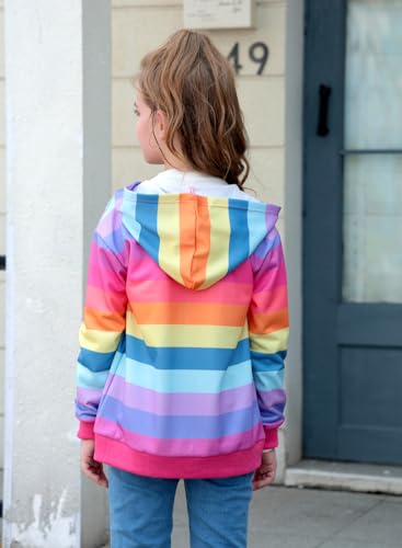 Kids Rainbow Unicorn Zip Up Hoodie with Pockets - 6-7 Years Rainbow Stripe