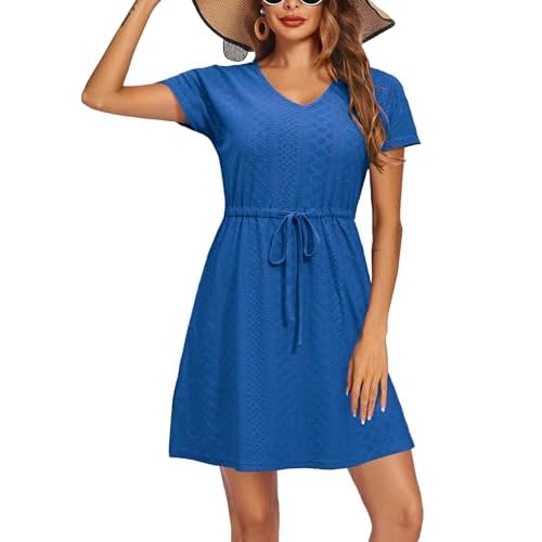 Women's Swimsuit Cover Ups V-Neck Drawstring Slit Eyelet Embroidery Bikini Beachwear Flowy Short Sleeve Beach Dress