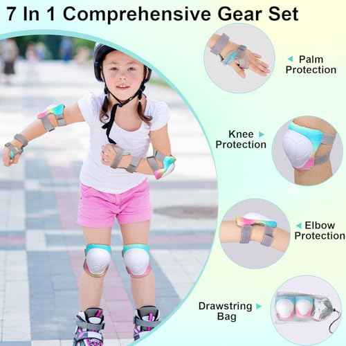 FIODAY Kids Knee and Elbow Pads Wrist Guards Adjustable Protective Gear Set for Girls Boys Inline Skating Biking Skateboard Scooter