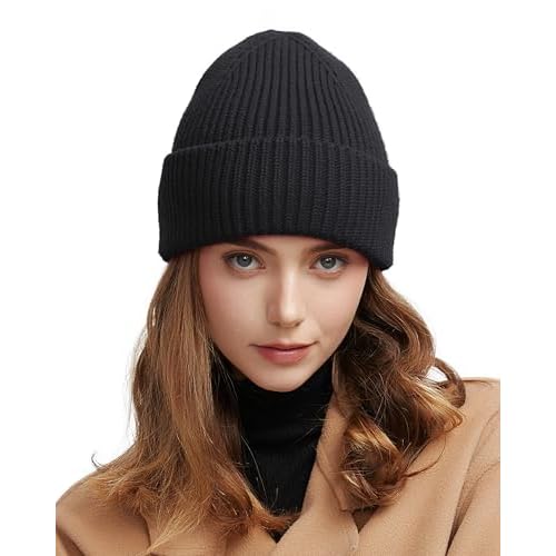 Wool Beanie for Men Women, Seamless Knit Cuffed Warm Winter Hats Fisherman Beanies Womens Ski Hat Skull Cap Unisex