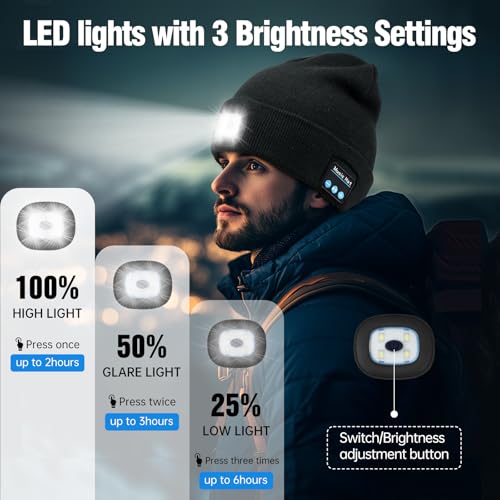 MUSIC LED Beanie Hat with Bluetooth, Rechargeable Hat with 3-Mode Headlamp & Hands-Free Calling,Warm Knit Cap for Men and Women, Ideal for Outdoor Night Activities Black