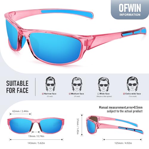 Polarized Sports Sunglasses for Men Women Wrap Around UV Protection - Pink Frame Blue Mirror Lens 62mm