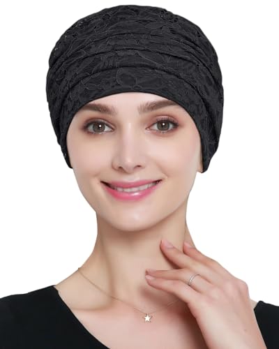 Women's Viscose Beanie Lace Turban Sleep Cap - Chemo Hat Black