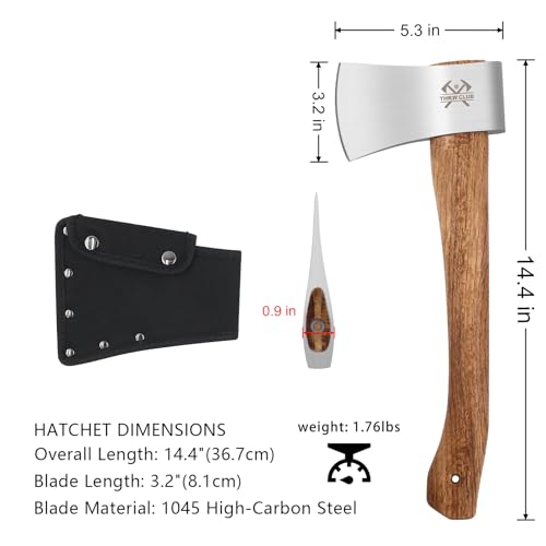 Camping Hatchet, 14.4" Survival Throwing Axe with Sheath, Survival Hatchet with Ergonomic Wood Handle for Camping, Chopping and Hiking