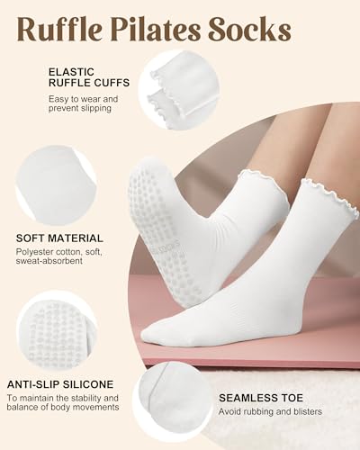Pilates Socks with Grips for Women - Non Slip Yoga Socks with Ruffle, Beige Brown Grey White - Ludaro