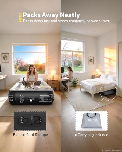 OhGeni 13-Inch Raised Twin Air Mattress with Built-In Pump - Black