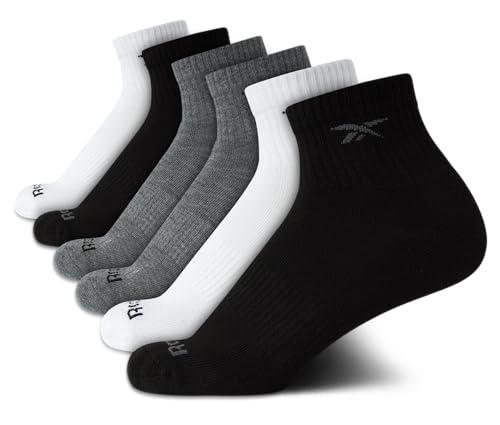 Reebok Boys Quarter Socks 6 Pack Performance Athletic Socks Large Black White Grey